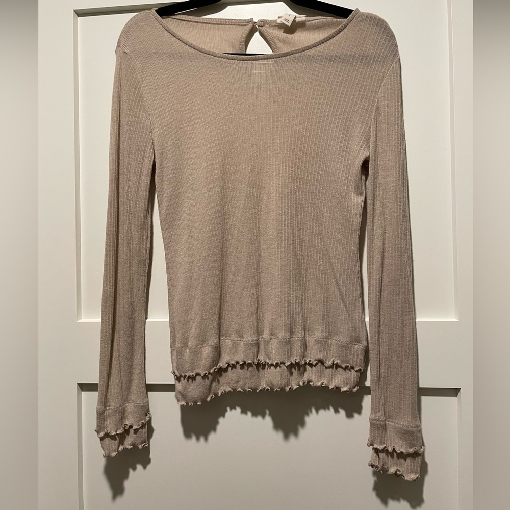 a.n.a Tan Long Sleeve Top with Ruffle Hem